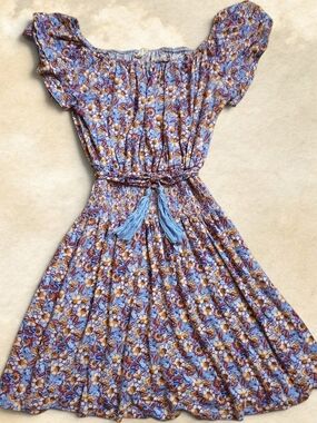 Parc & Lex Off-Shoulder Smocked Mini Dress Blue With Yellow And Red Flowers
